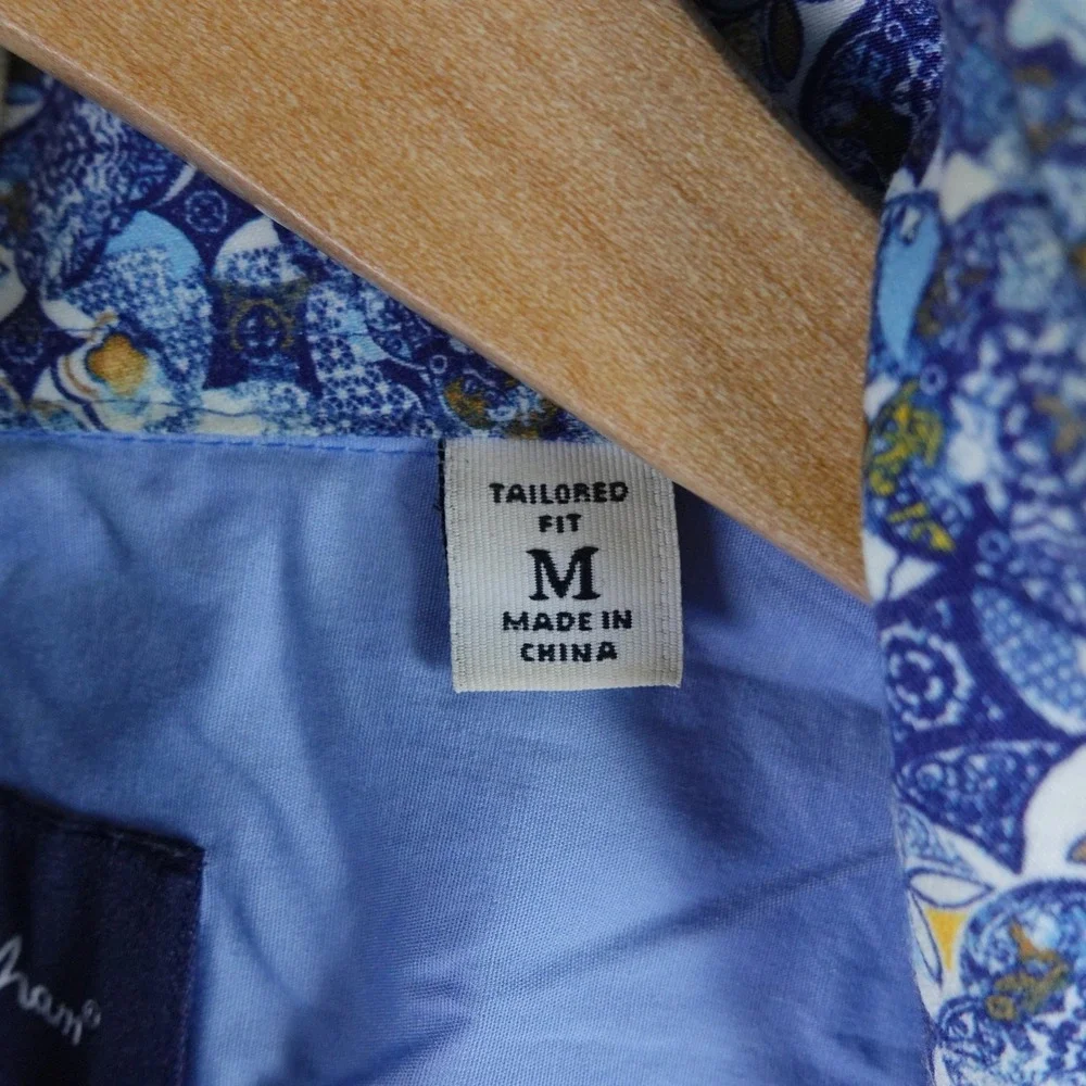 Robert Graham Modern Americana Men Blue Mosaic Tile Print SS Button Down Shirt M